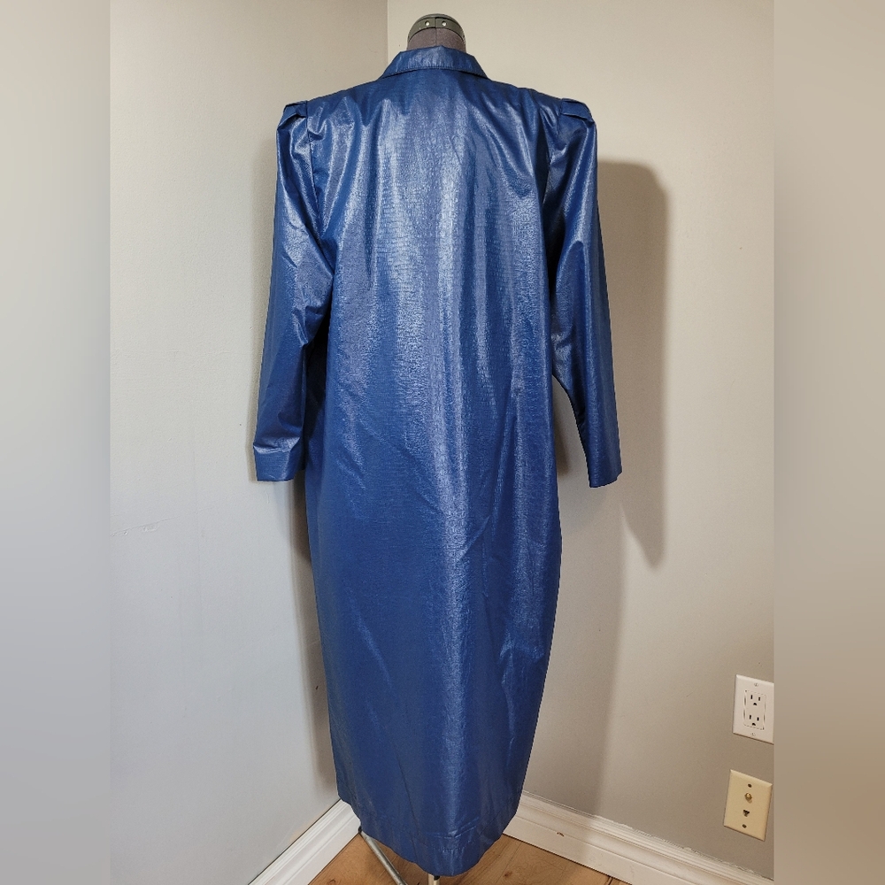 LG Vintage Longline Blue Trench Coat Notched Lapels Faux Leather 80s Glamour - Picture 3 of 16